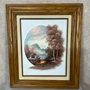 Framed Landscape Painting Cabin Waterfall Scene Creative Galleries Artist Signed